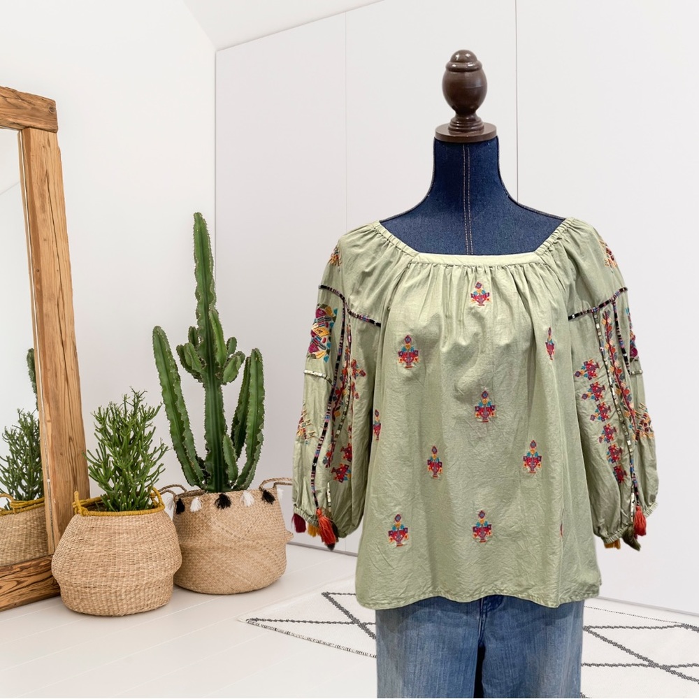 Sundance Southwestern Tassel Sleeve Embroidered Top